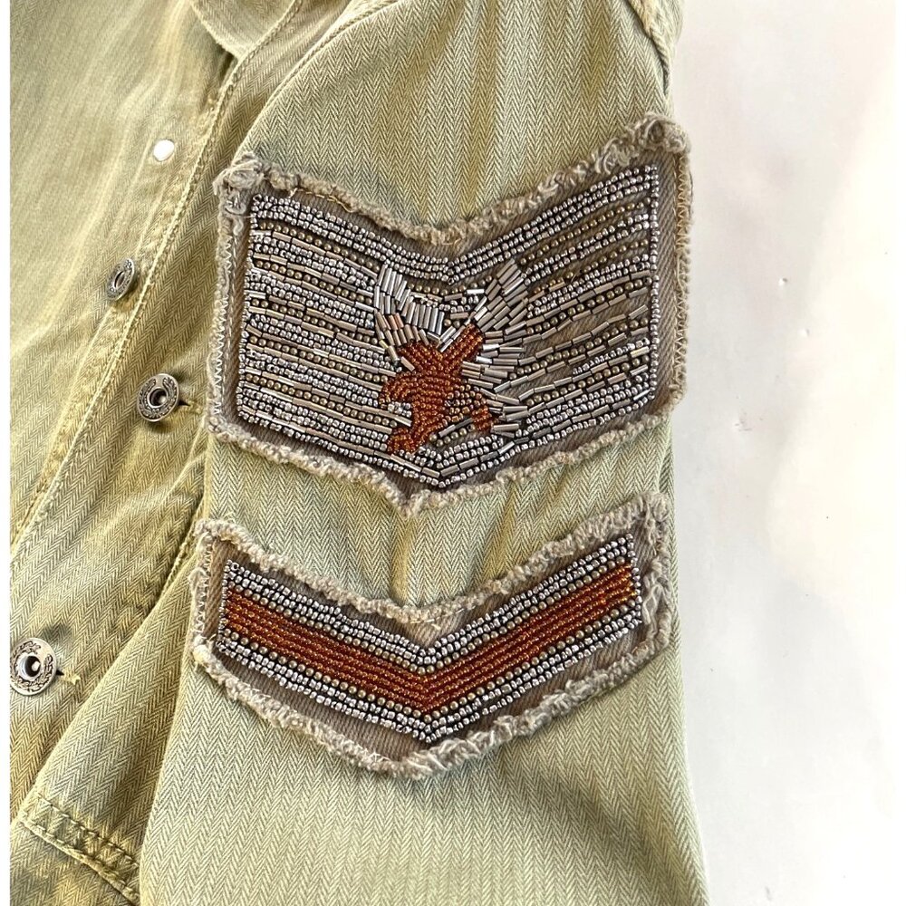 Free People Embellished Military Shirt Jacket Army Green Herringbone Jacket XS - Picture 3 of 8